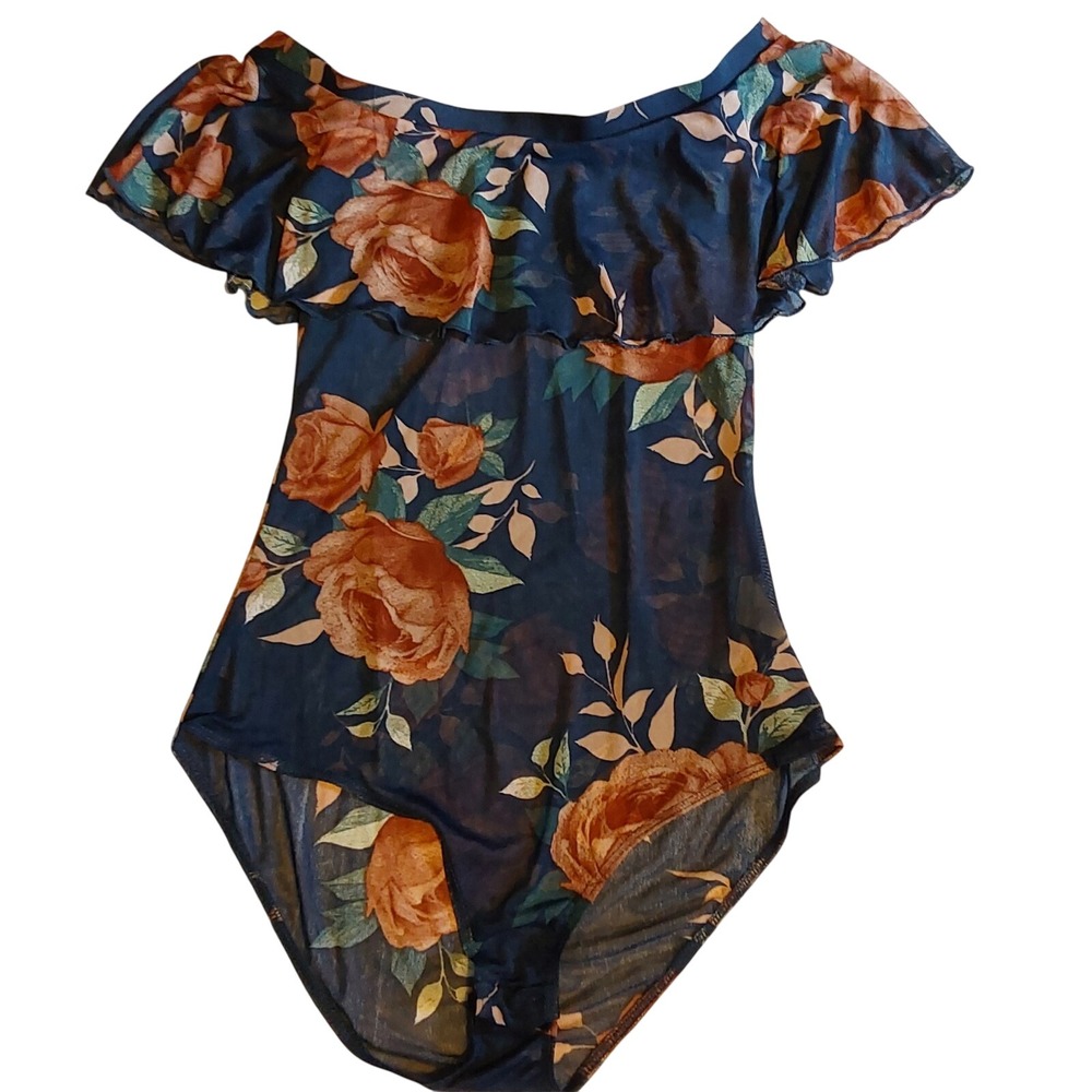 Hummingbird Women's Blue Floral Printed Sheer Romantic Stretch Bodysuit Size S